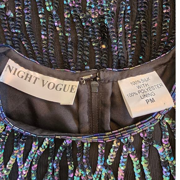 Vintage Night Vogue 100% Silk Sequin Mini Dress PM Black Iridescent Beaded - Picture 3 of 3